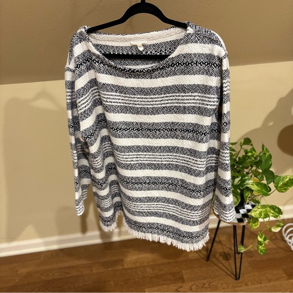 Eileen Fisher Organic Cotton Stripe Fringe Thick 3/4 Sleeve Boxy Sweater M soft - Picture 10 of 12